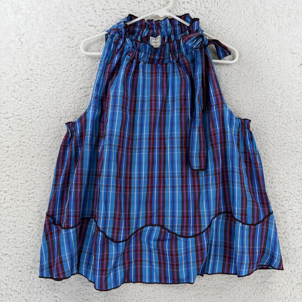 Anthropologie Maeve Blouse Womens Large Blue Plaid Ruffle Halter Sleeveless Top